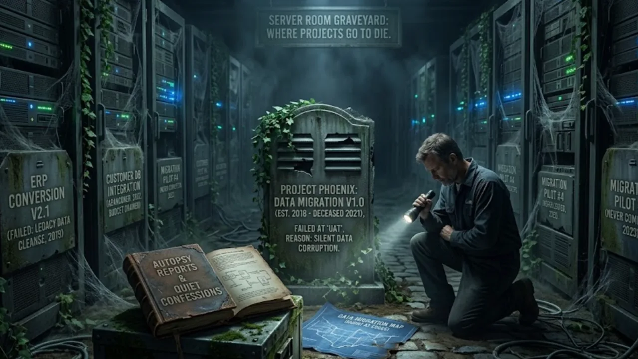 An illustrated server-room graveyard with a headstone reading Project Phoenix, Data Migration