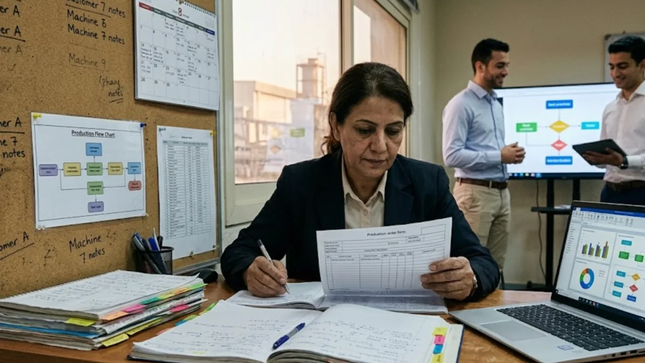 An experienced manager working from paper records while two colleagues present a digital process diagram behind her