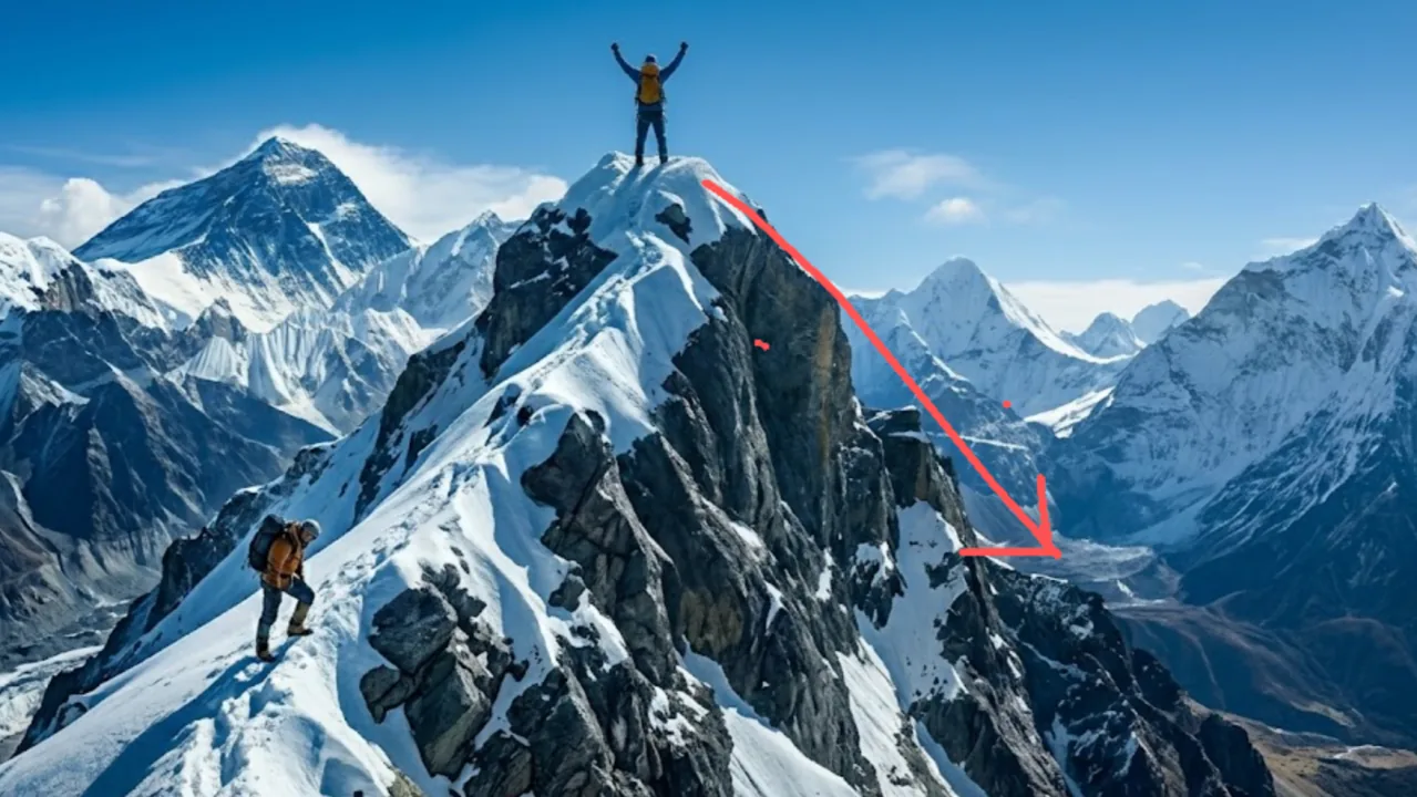 A climber celebrating on a summit with the descent route marked in red
