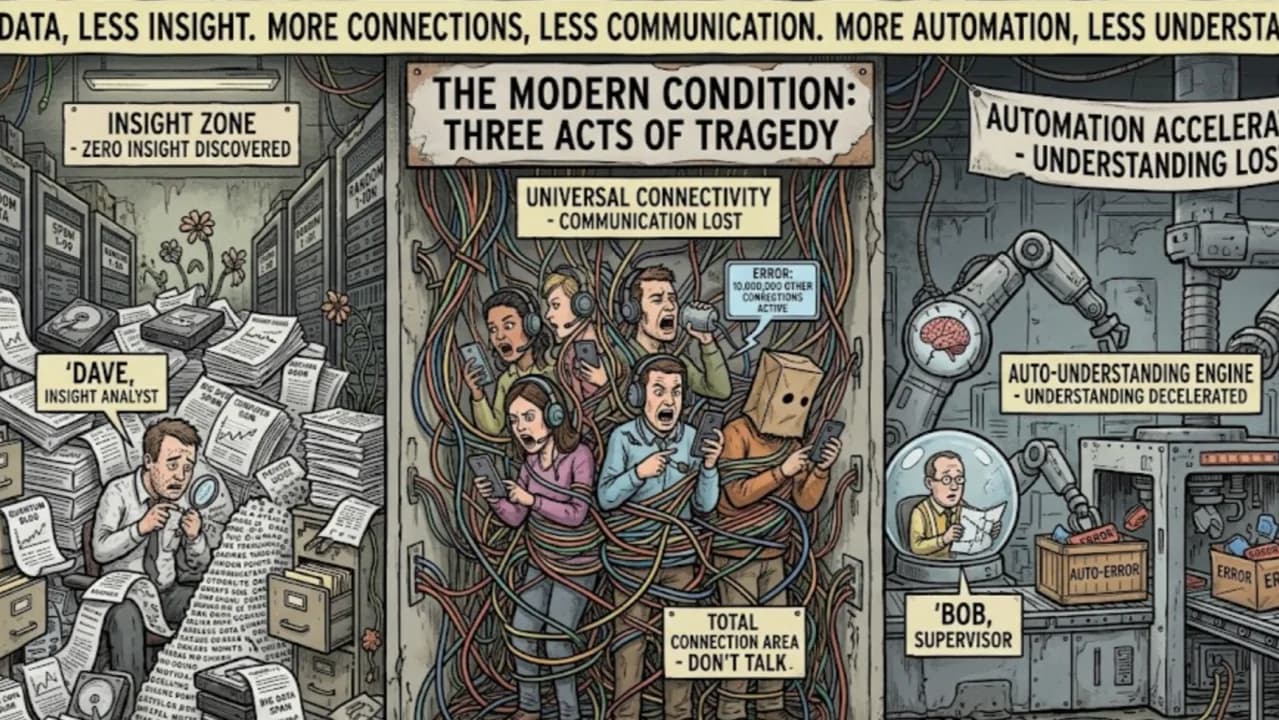 An illustrated triptych: more data and less insight, more connections and less communication, more automation and less understanding