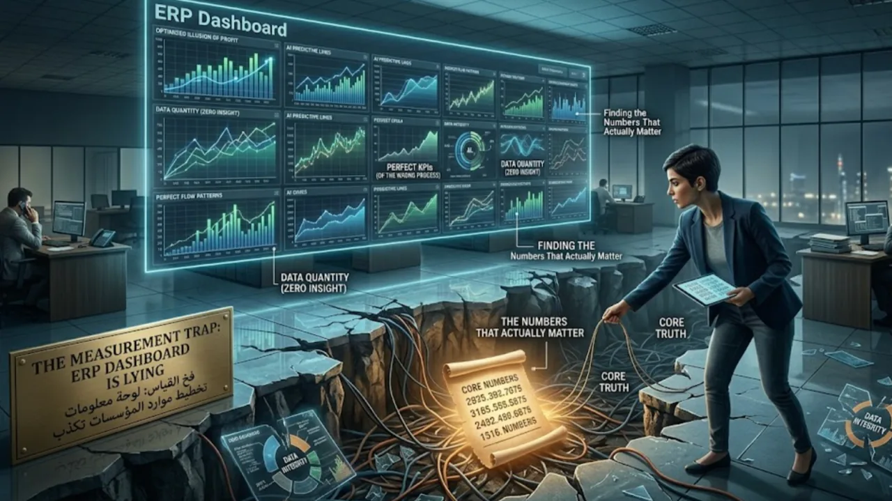 A glowing wall of ERP dashboard charts above a tangle of cables labelled the measurement trap
